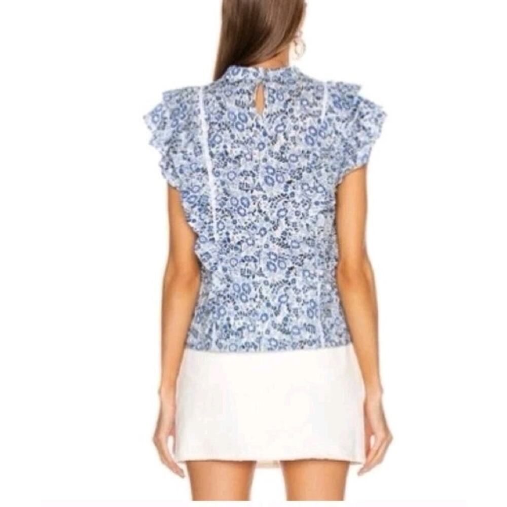 Veronica Beard Blue and White Sol Floral Ruffle High Neck Top Size 4 Cottagecore - Picture 2 of 11